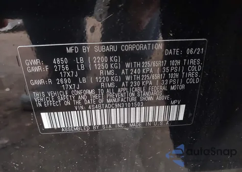 2022 Subaru Outback Premium из США, поврежденный, VIN 4S4BTADC9N3101503